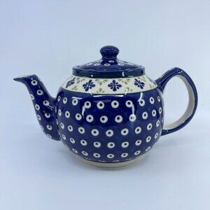 vintage boleslawiec polish pottery tea pot "blue daisy" pattern handcrafted